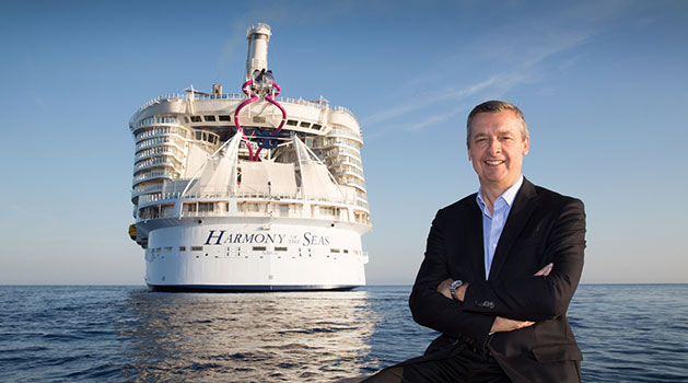 Royal Caribbean President and CEO Michael Bayley shows off the cruise line's newest ship, Harmony of the Seas. 